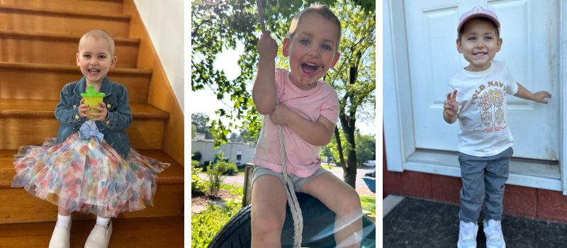 Blakely sitting on stairs in a colorful skirt and denim jacket holding a green cup, swinging on a rope swing outdoors in a pink shirt, and standing in front of a door wearing a pink cap, white t-shirt, gray pants, and white shoes.