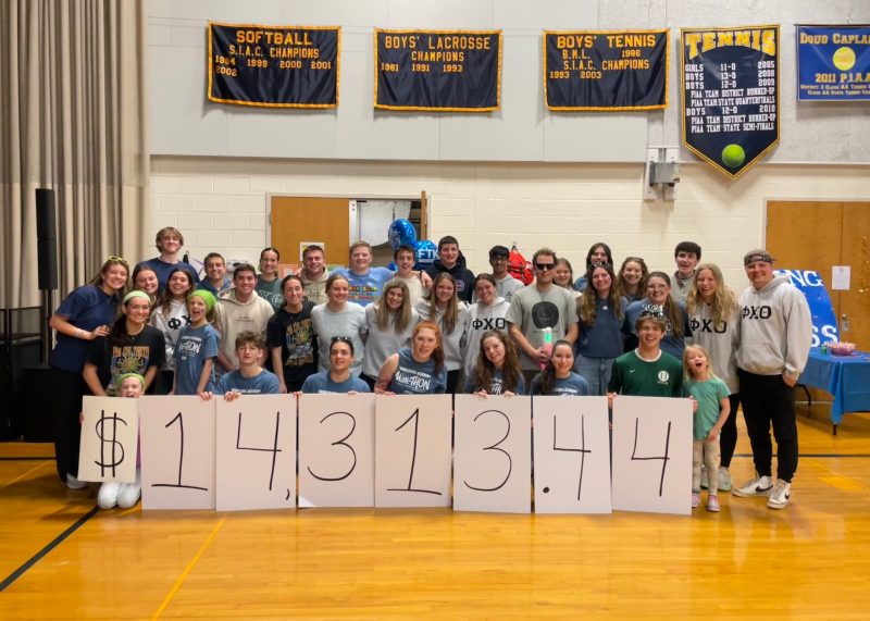 Viv celebrates with Harrisburg Academy Mini-THON students after raising more than $14,300 for Four Diamonds.