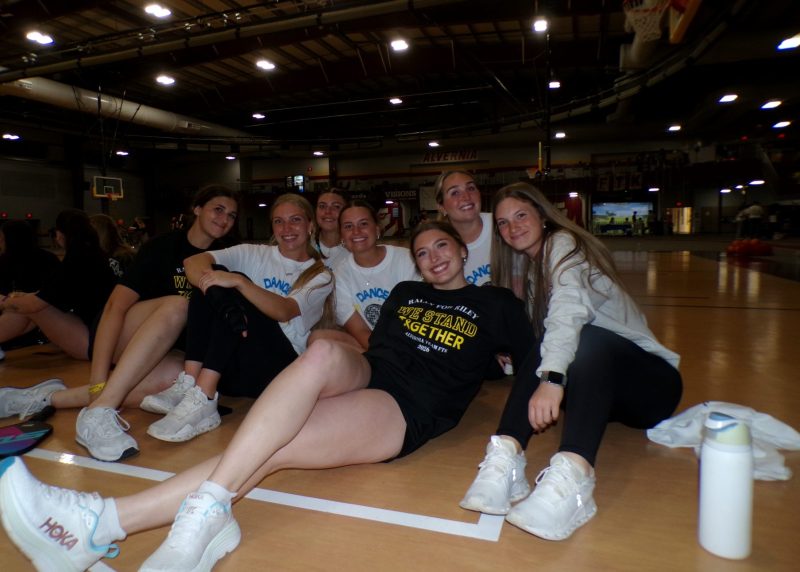 Alvernia Team FTK students gather on the gym floor during their 16-hour dance marathon benefiting Four Diamonds.