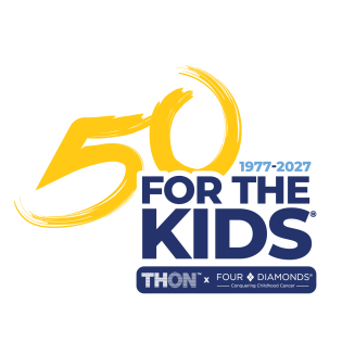 Four Diamonds and Penn State THON 50th anniversary partnership logo, celebrating 50 years For The Kids, 1977–2027.
