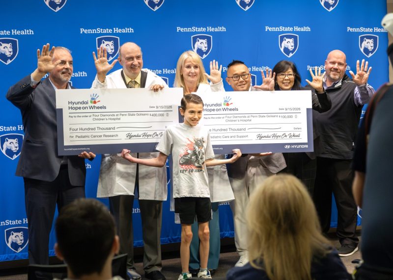 Hyundai Hope on Wheels grant presentation supporting Four Diamonds childhood cancer research at Penn State Health Golisano Children’s Hospital.